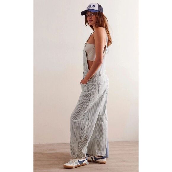 Free People We The Free Good Luck Railroad Striped Barrel Overalls Small S NWT - Picture 3 of 12